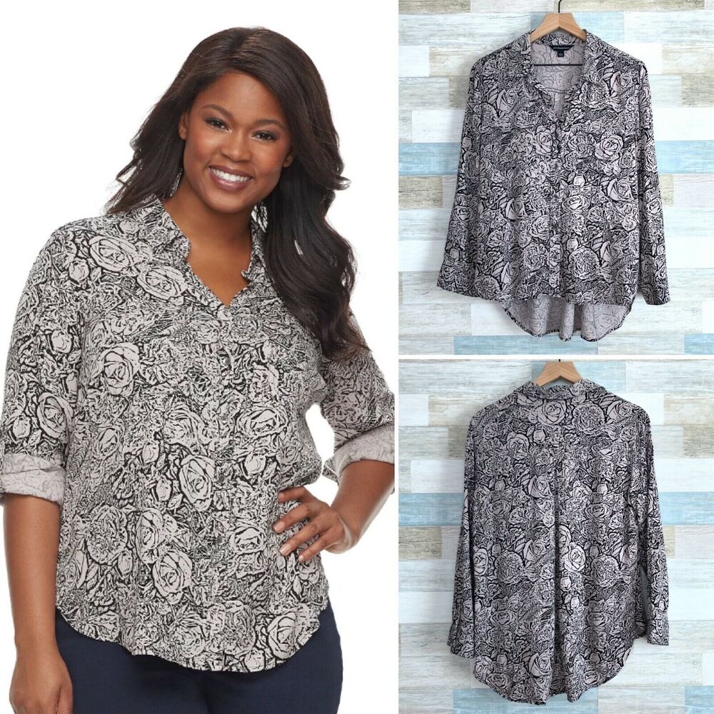 Rock & Republic Rose Floral All Over Print Tunic Shirt Beige Black Womens Large